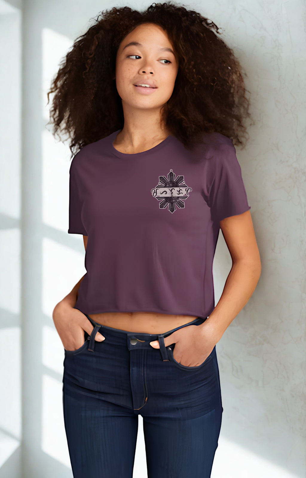 Mahal Kita Baybayin script crop top with batok-inspired Philippine sun and sampaguita design, left chest placement