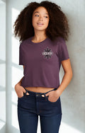Mahal Kita Baybayin script crop top with batok-inspired Philippine sun and sampaguita design, left chest placement