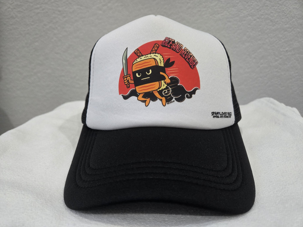 Black and white curvebill trucker hat with RIce and Revenge ninja graphic - Filipino streetwear by Spam Loves Rice