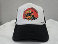 Black and white curvebill trucker hat with RIce and Revenge ninja graphic - Filipino streetwear by Spam Loves Rice