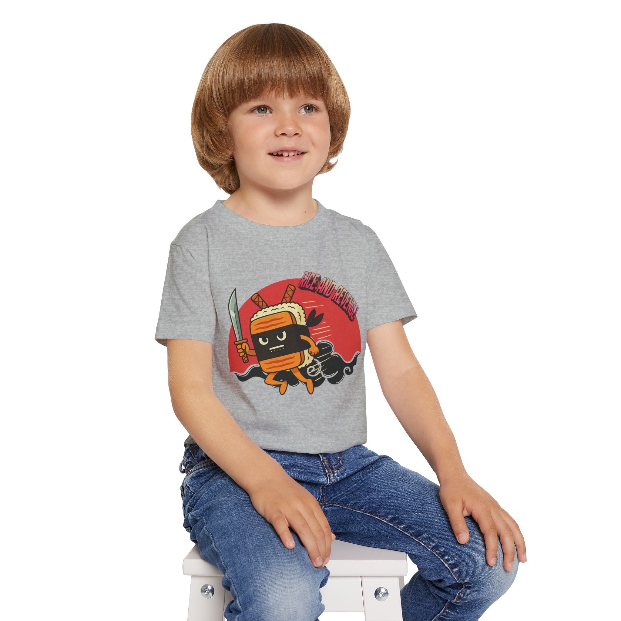 Child wearing gray Rice and Revenge graphic tee – Filipino streetwear kids by Spam Loves Rice