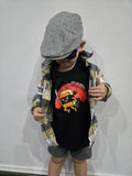 Toddler wearing black Rice and Revenge graphic tee with plaid jacket - Filipino Streetwear kids by Spam Loves Rice