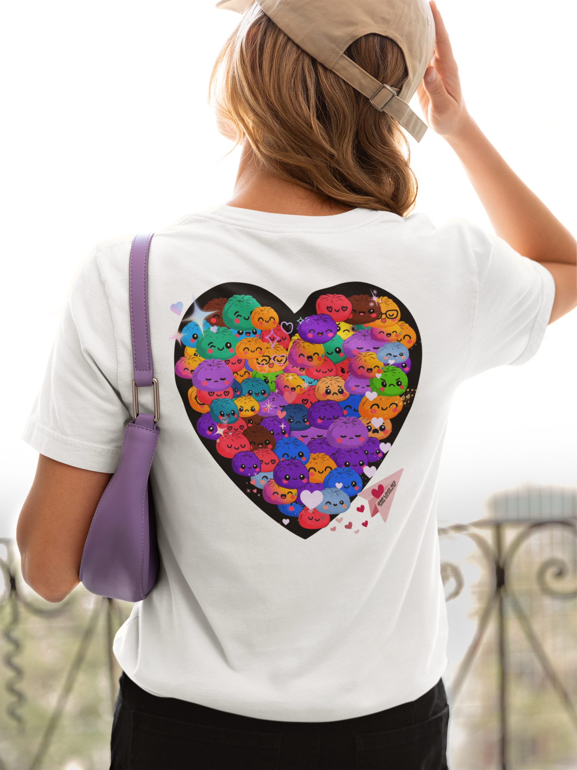 Back of white unisex tee with colorful kawaii siopao heart graphic – Spam Loves Rice Filipino streetwear