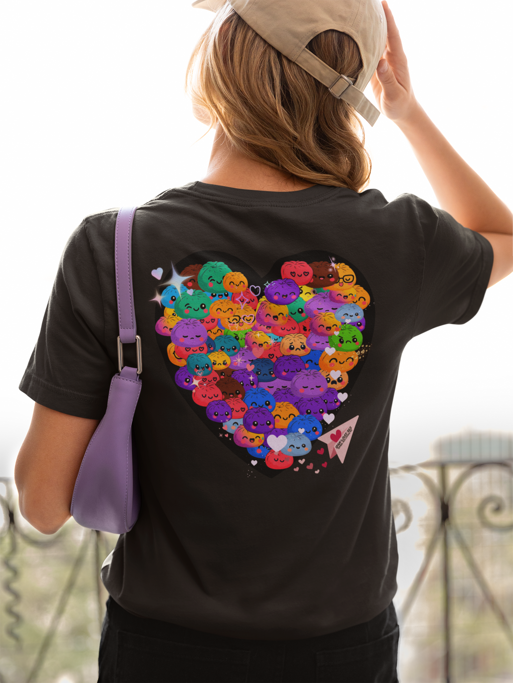 Back of black unisex tee with colorful kawaii siopao heart graphic – Spam Loves Rice Filipino streetwear