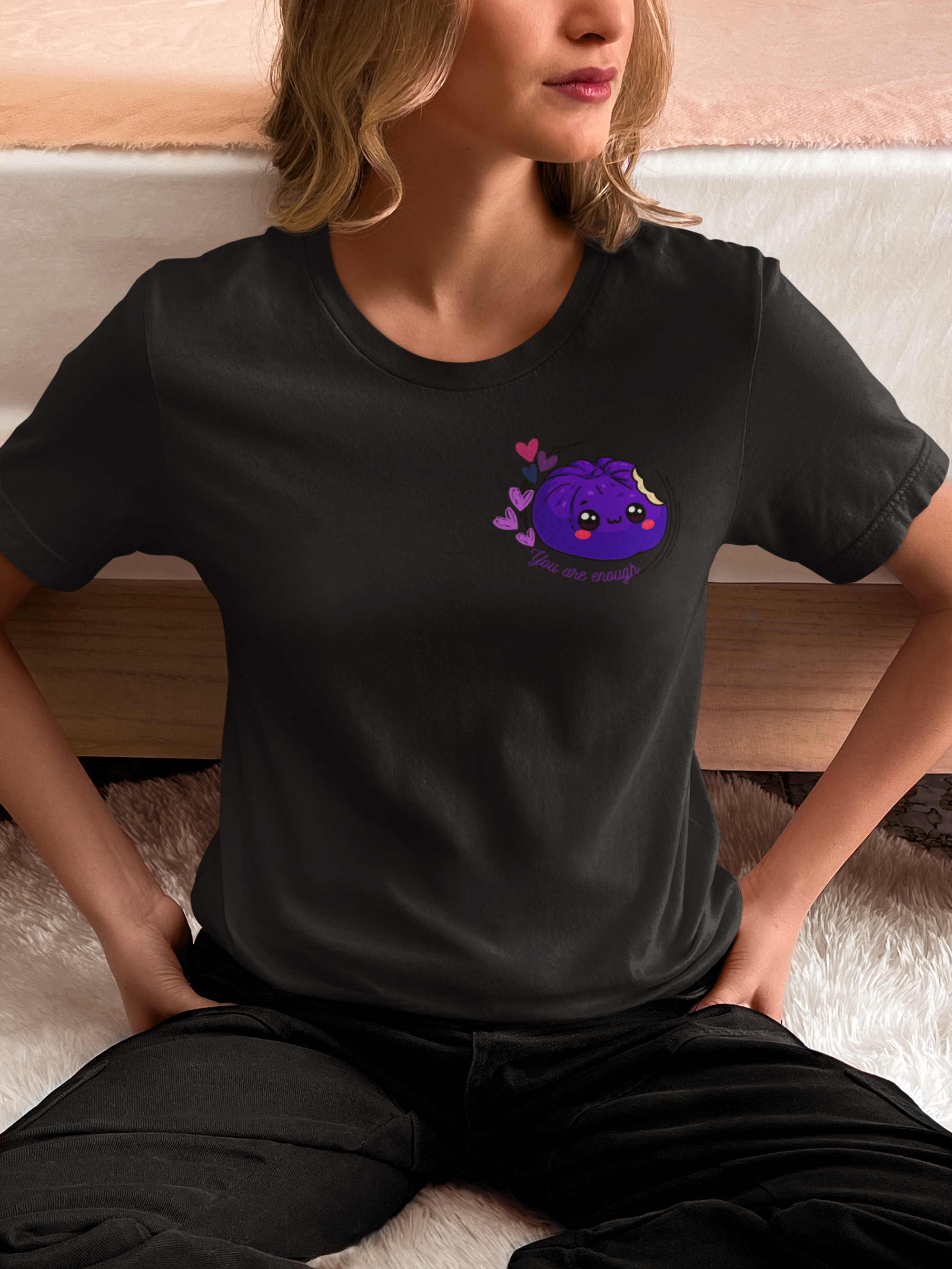 Front of black unisex tee with colorful kawaii siopao heart graphic – Spam Loves Rice Filipino streetwear