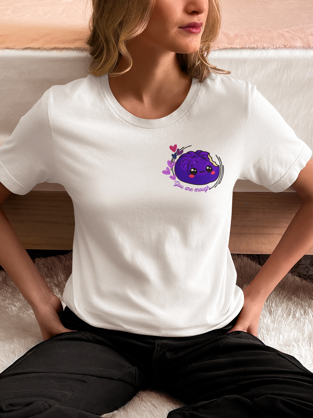 Front of white unisex tee with colorful kawaii siopao heart graphic – Spam Loves Rice Filipino streetwear