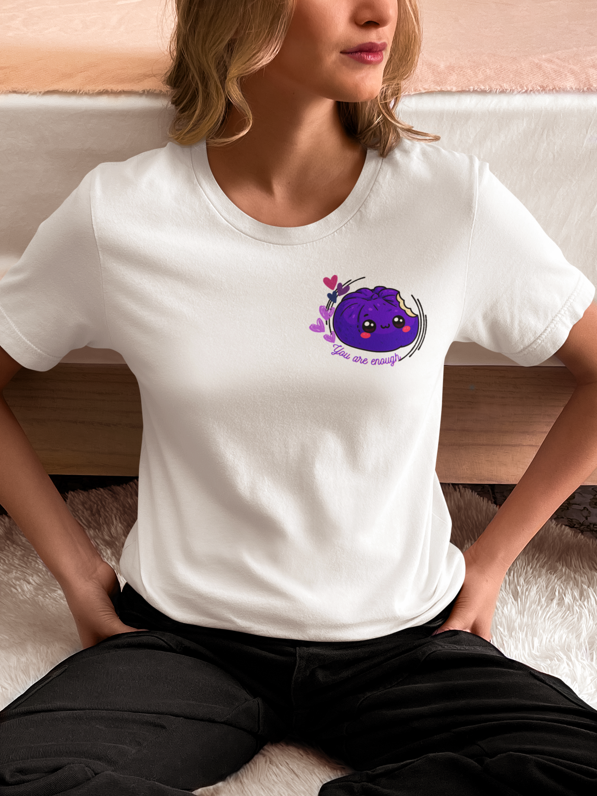 Front of white unisex tee with colorful kawaii siopao heart graphic – Spam Loves Rice Filipino streetwear
