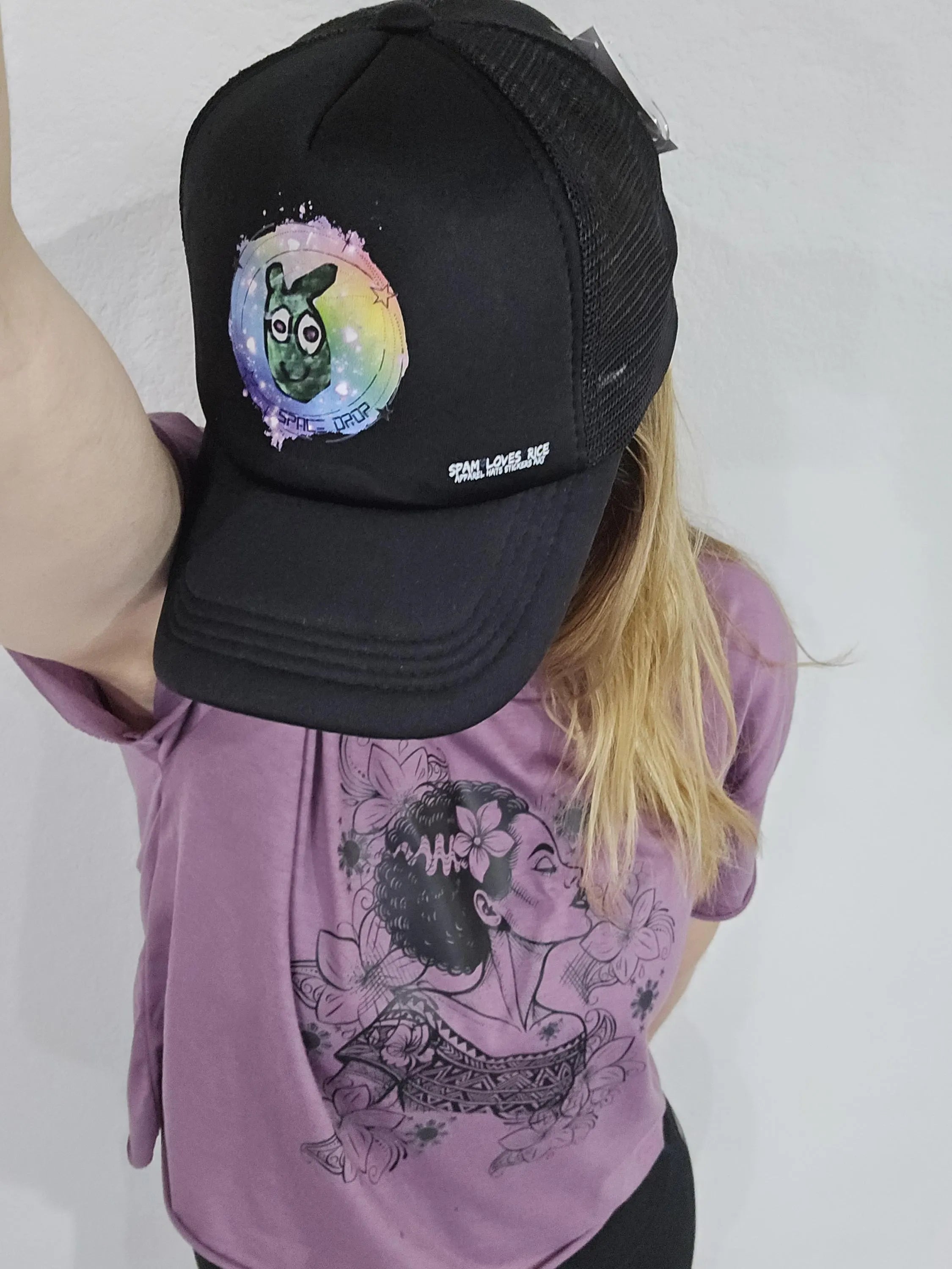 Space Drop trucker hat black V's Designs streetwear island style Spam Loves Rice
