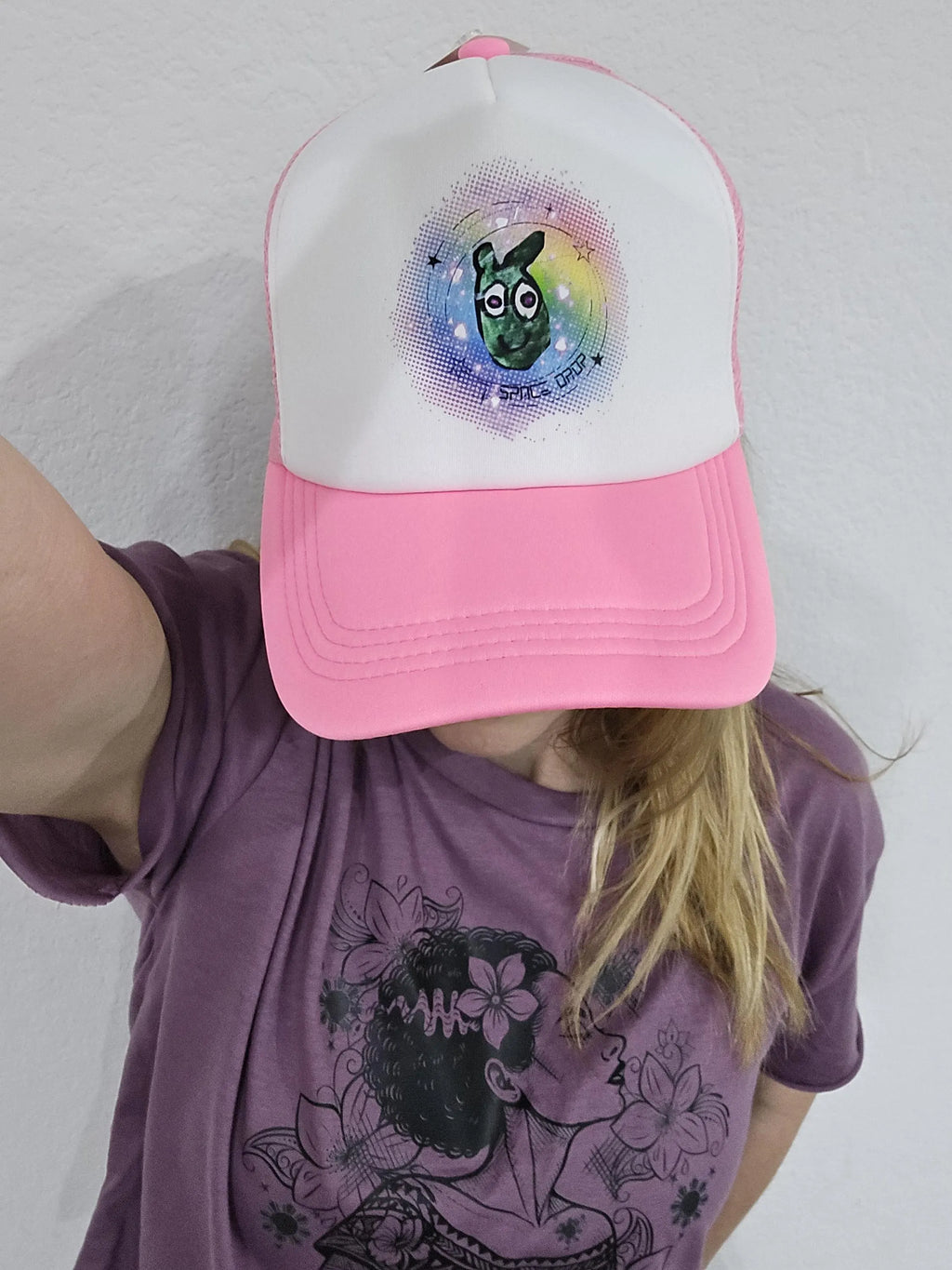 Space Drop trucker hat pink white V's Designs streetwear island style Spam Loves Rice

