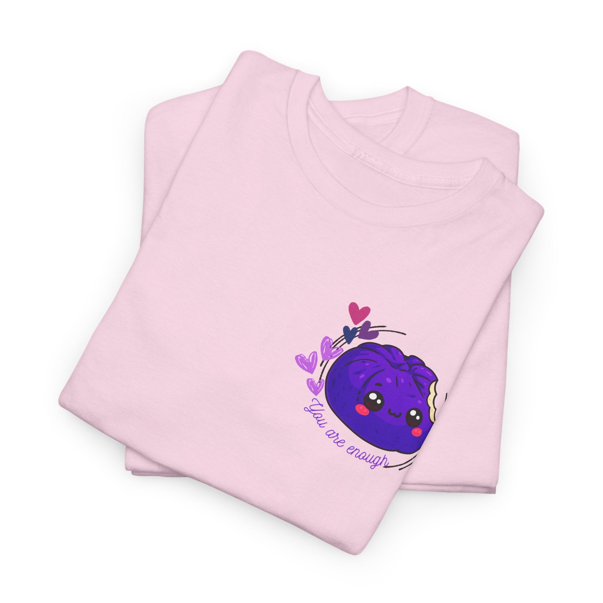 Folded light pink You Are Enough kids tee with Kawaii siopao graphic - FIlipino streetwear by Spam Loves Rice