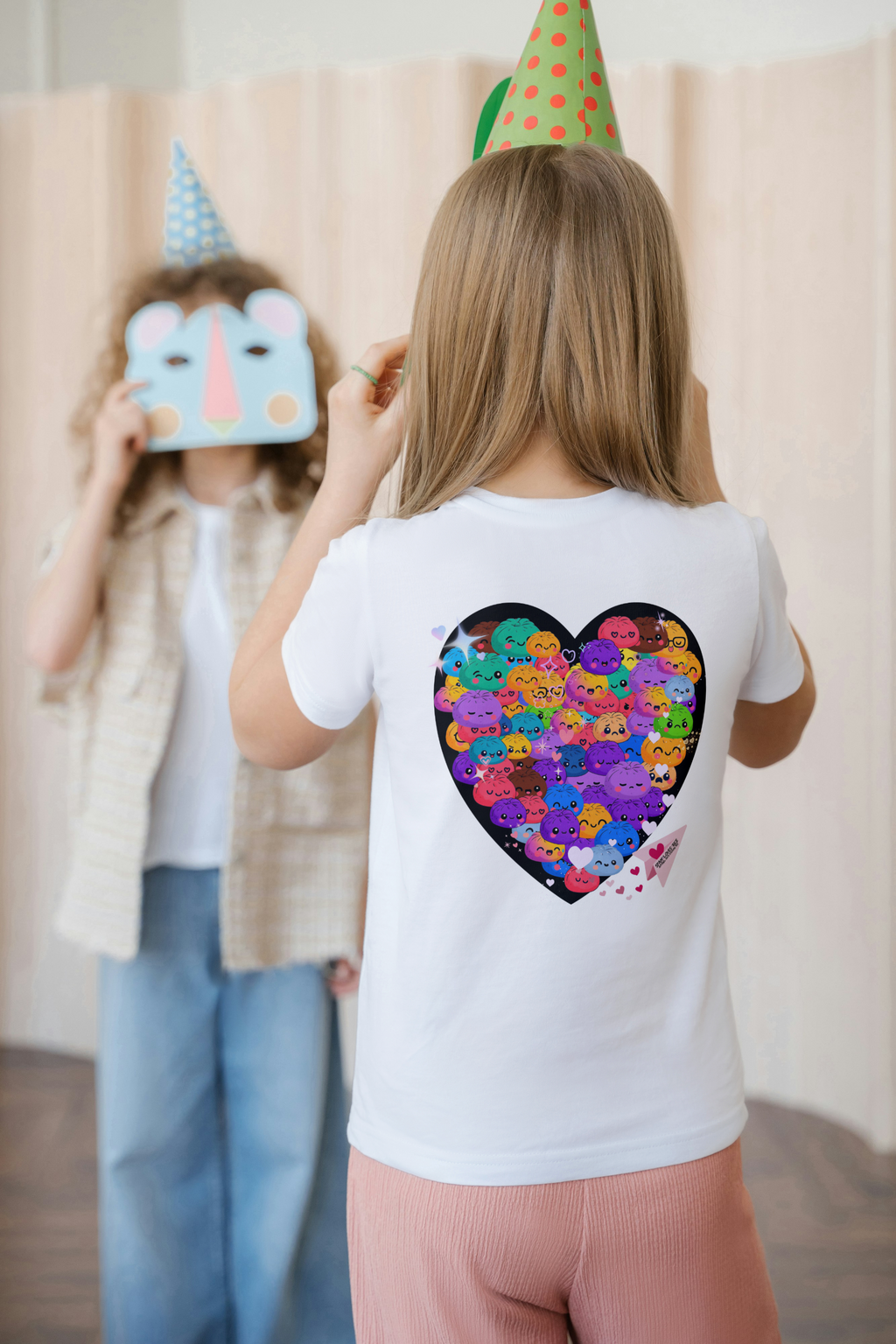 Back view of child wearing white You Are Enough kawaii siopao heart graphic tee- Filipino streetwear kids by Spam Loves Rice