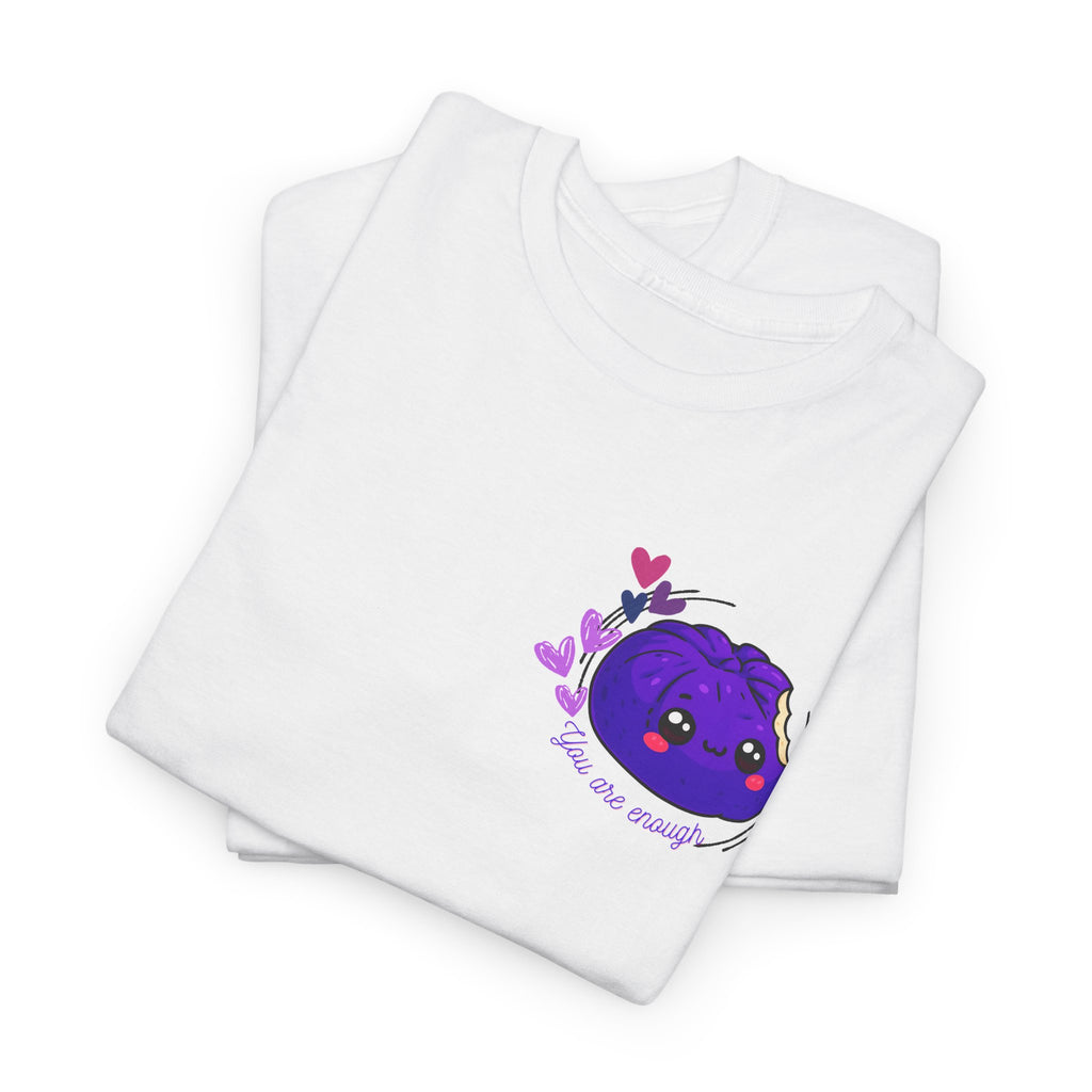 Folded white You Are Enough kids tee with kawaii siopao graphic - Filipino streetwear by Spam Loves Rice