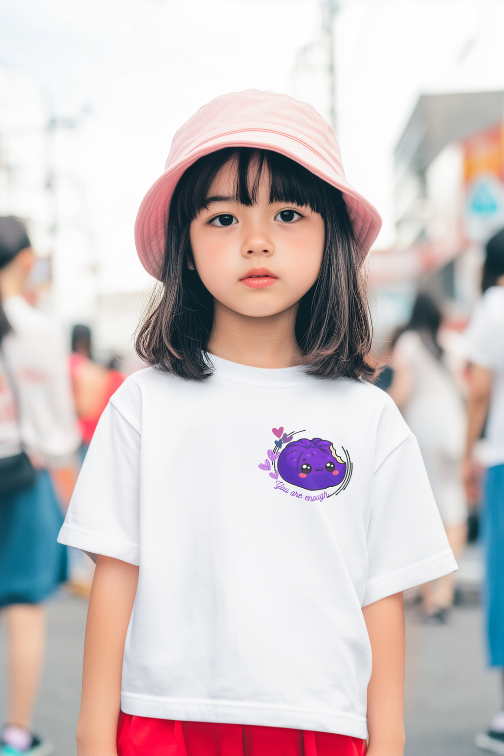 Girl wearing white You Are Enough kawaii siopao graphic tee front view – Filipino streetwear kids by Spam Loves Rice