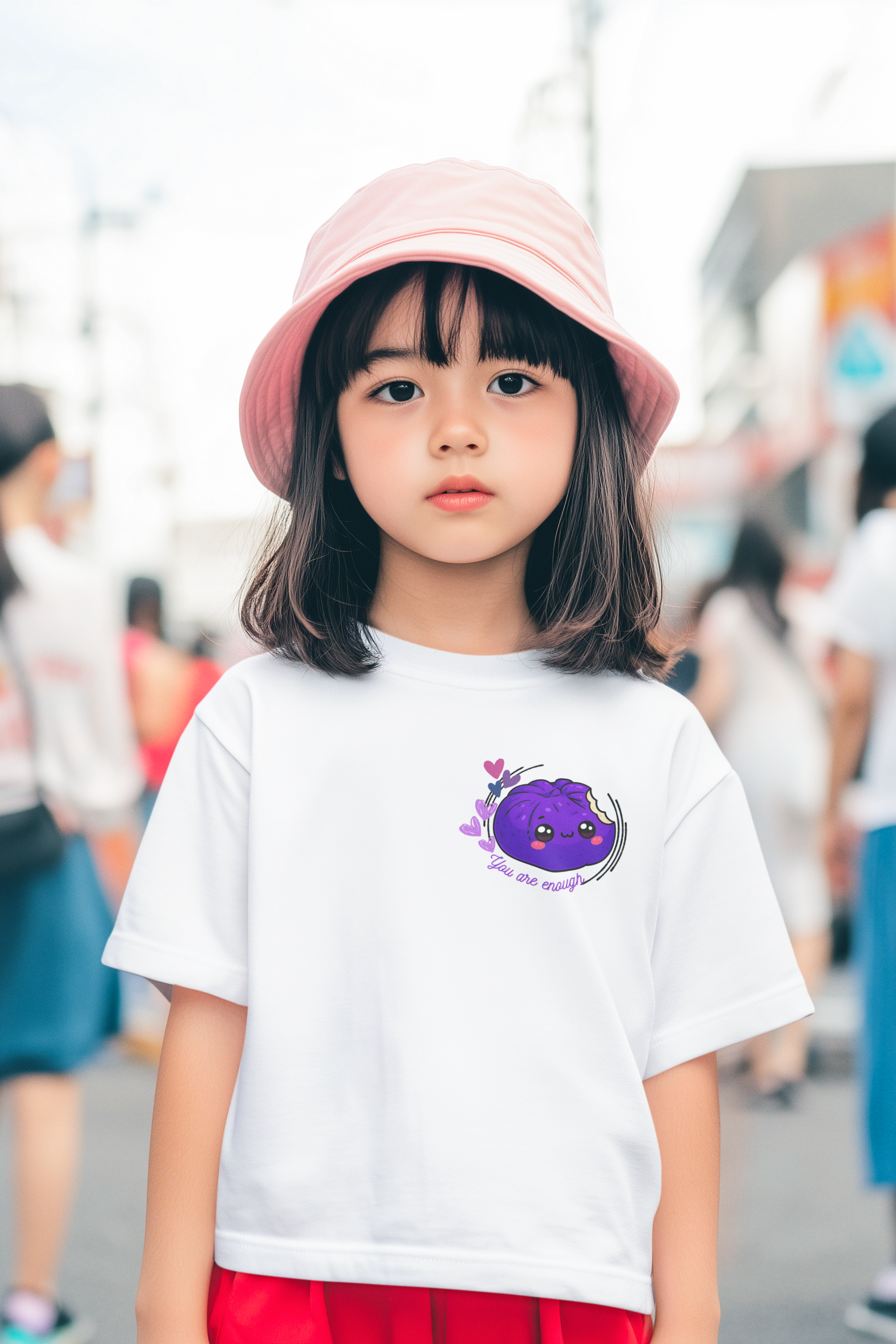 Girl wearing white You Are Enough kawaii siopao graphic tee front view – Filipino streetwear kids by Spam Loves Rice
