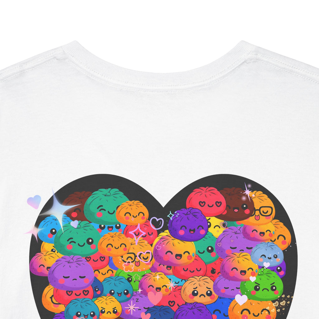 Close-up of kawaii siopao heart graphic on white You Are Enough tee back - Spam Loves Rice
