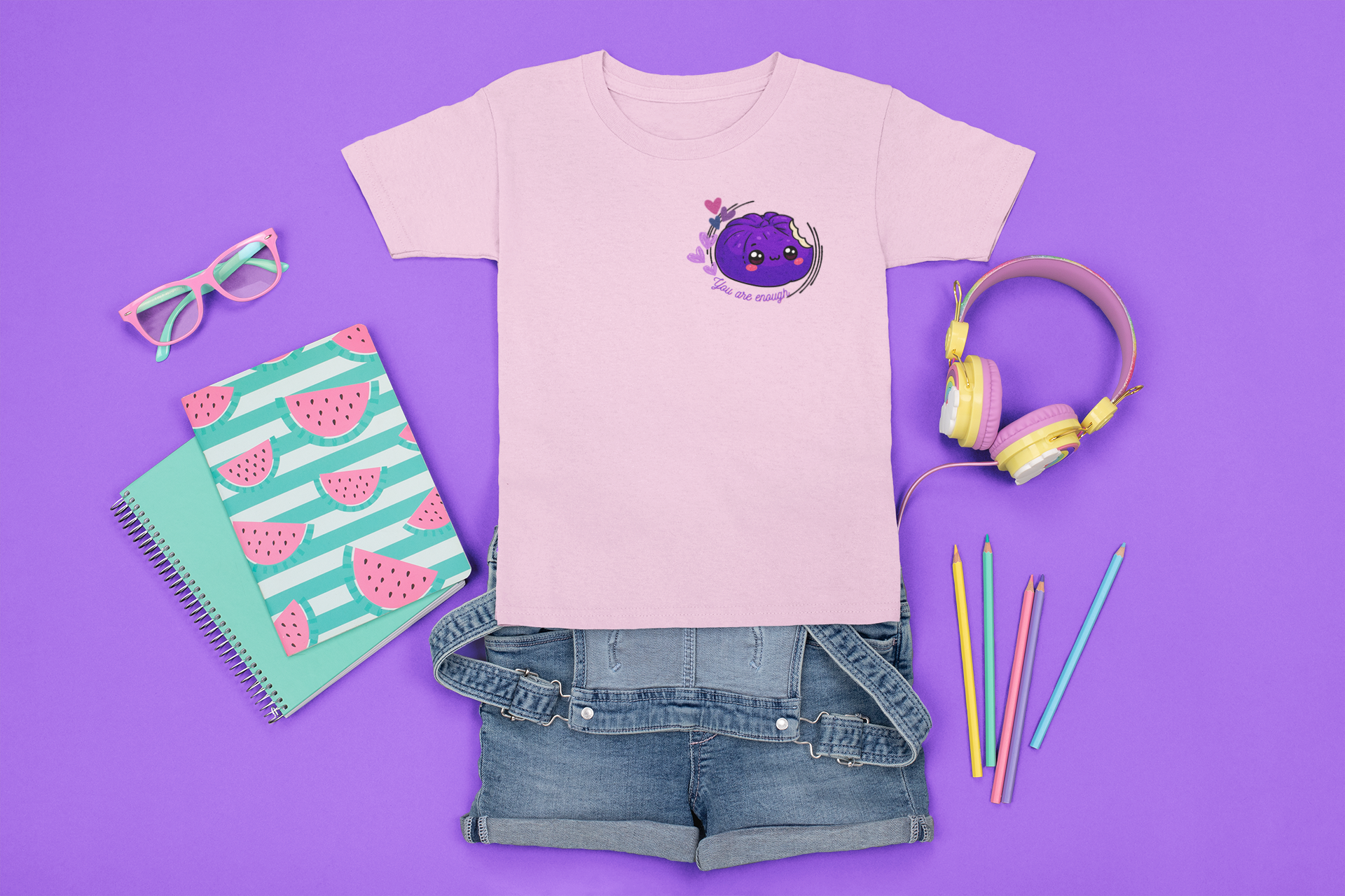 Flat lay of pink You Are Enough tee showing kawaii siopao graphic front design – Spam Loves Rice