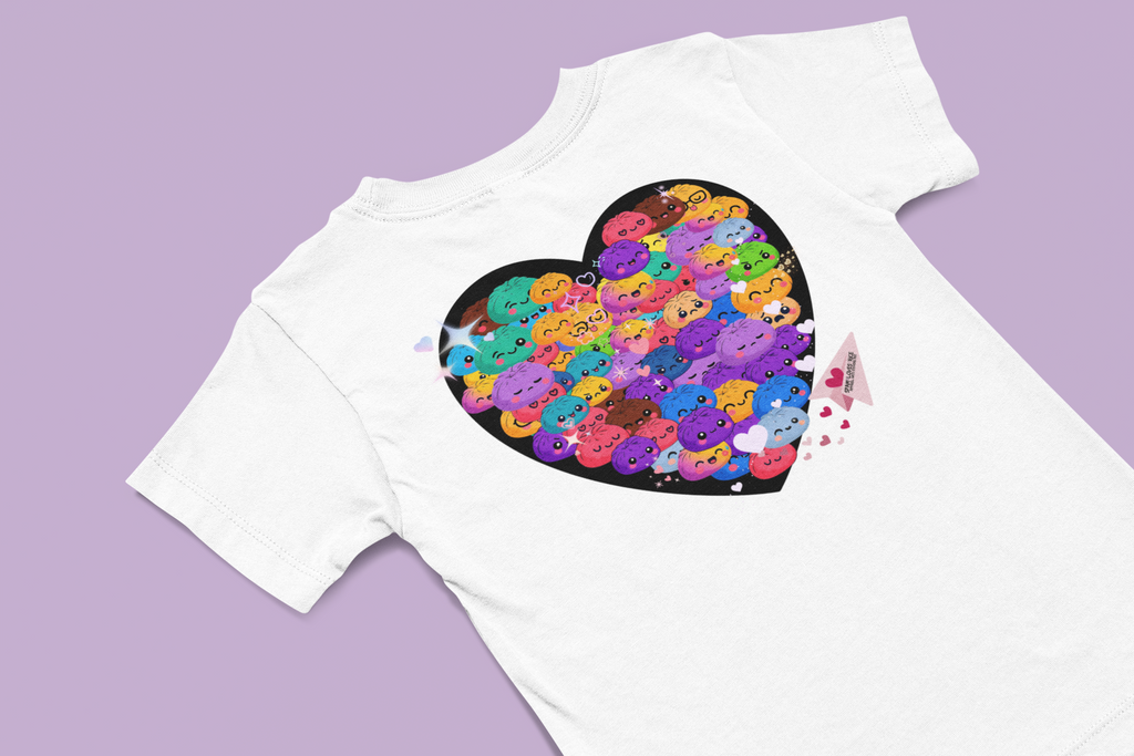 Flat lay of white You Are Enough tee showing kawaii siopao heart graphic back design – Spam Loves Rice