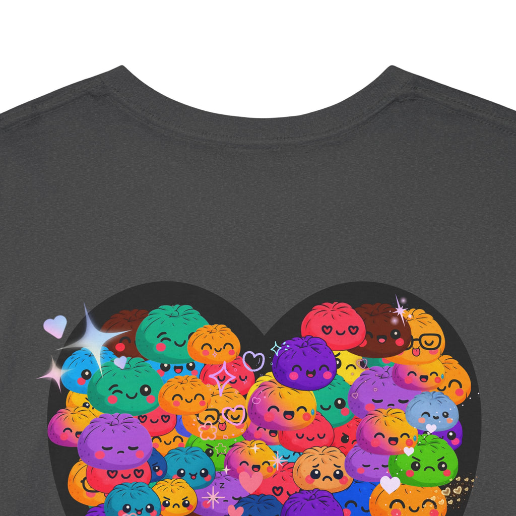Close-up of kawaii siopao heart graphic on charcoal You Are Enough tee back - Spam Loves Rice